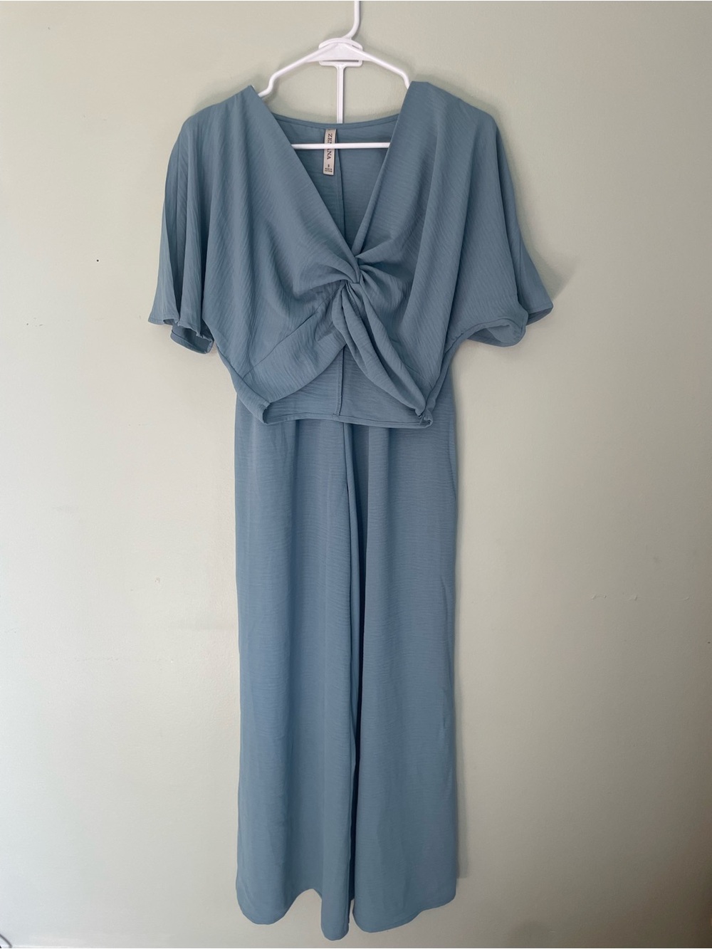 Zenana Set Dusty Blue Knot-Front Top Flowy Wide leg Pants Size S Vaca Set Summer